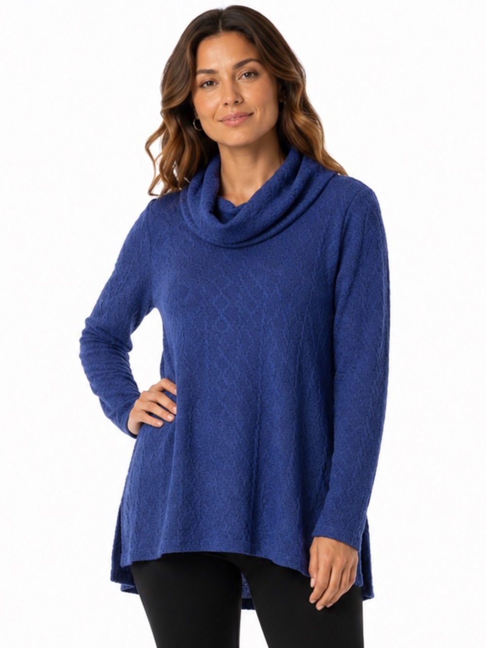 Pure Essence Blue Cowl Neck Cable Knit Tunic Sweater Medium Made in Canada